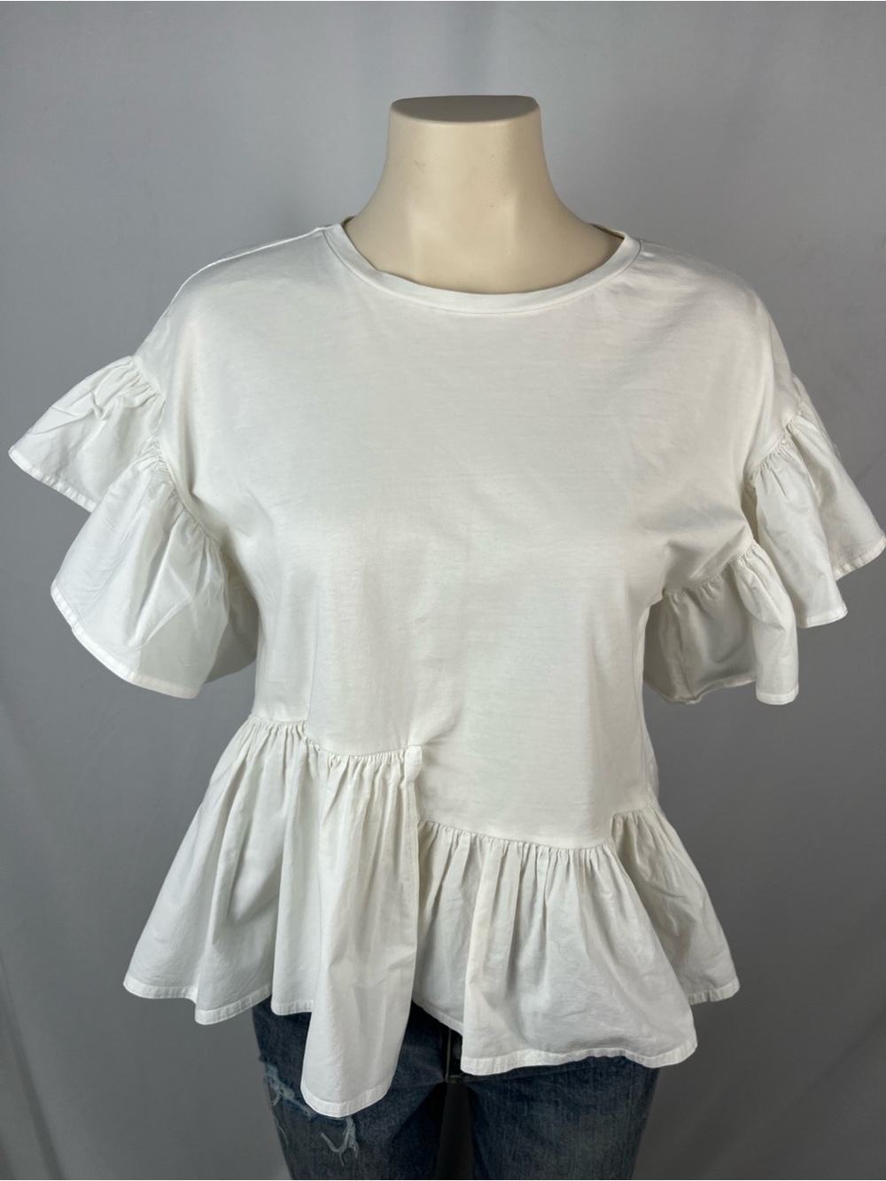 Zara White Ruffle Sleeve Peplum Tee